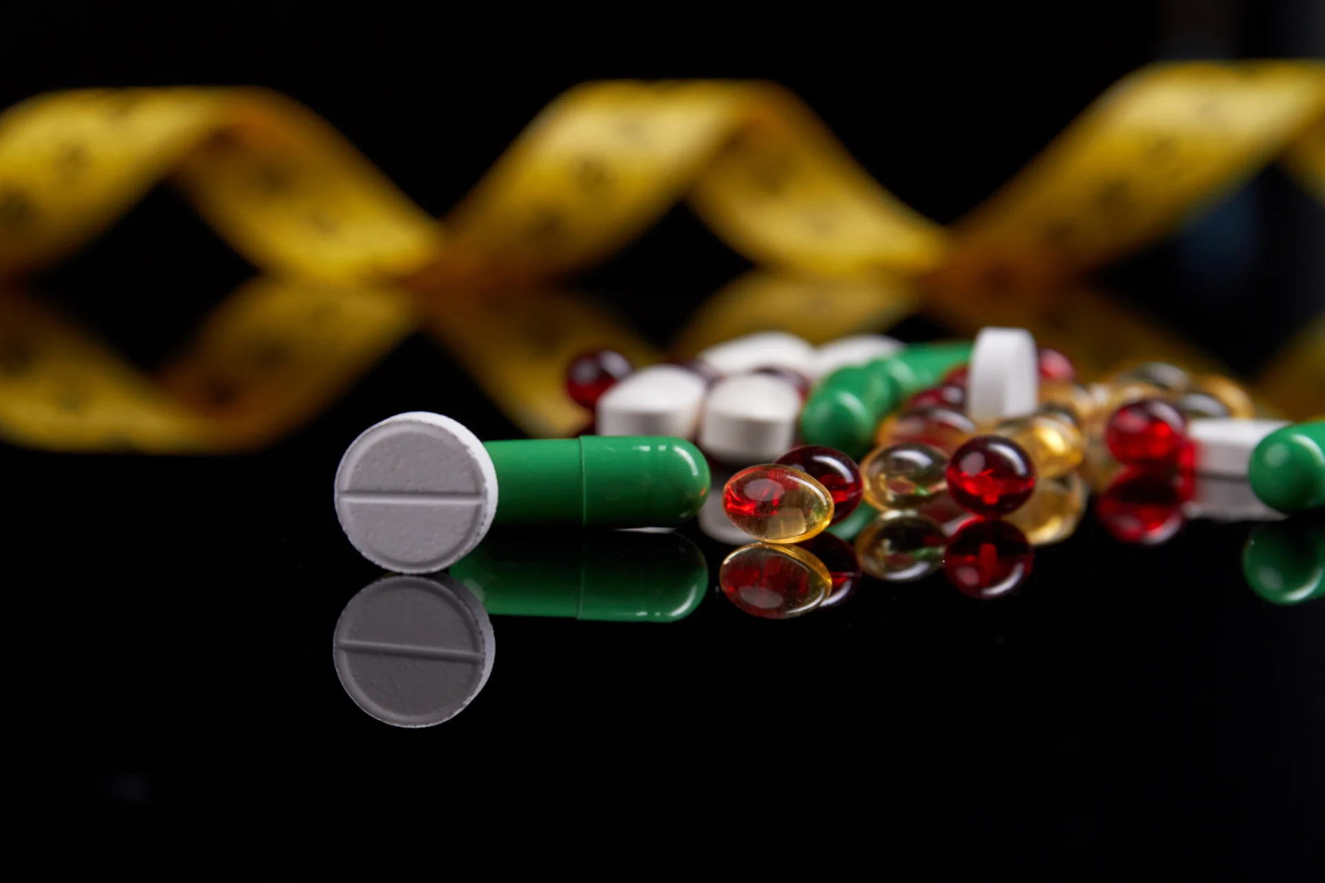 close-up of many pills on the counter