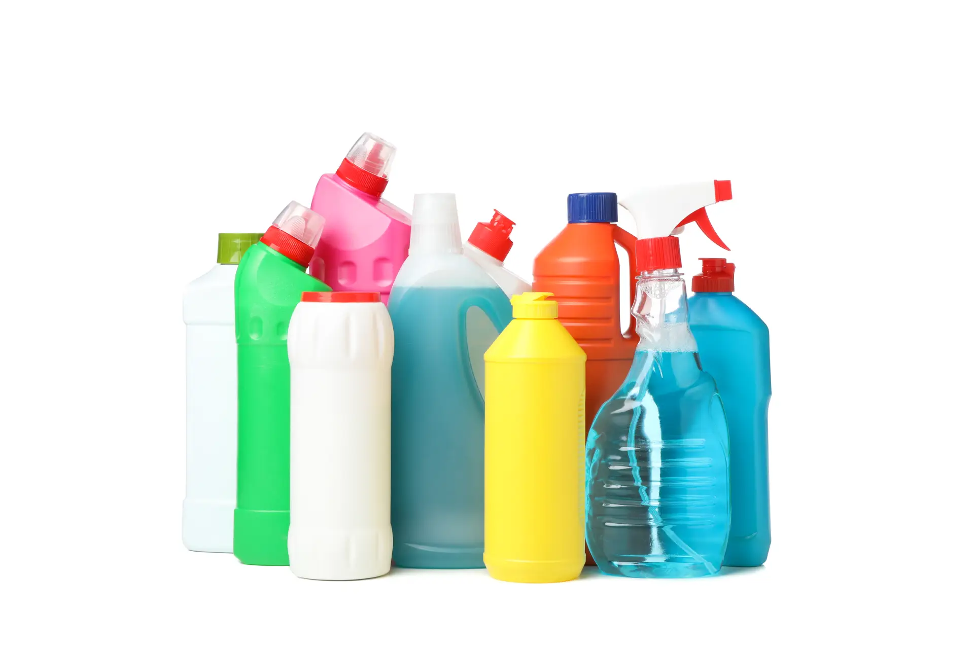 A flat lay of common household cans and bottles a bold overlay reading For home use only never inhale.